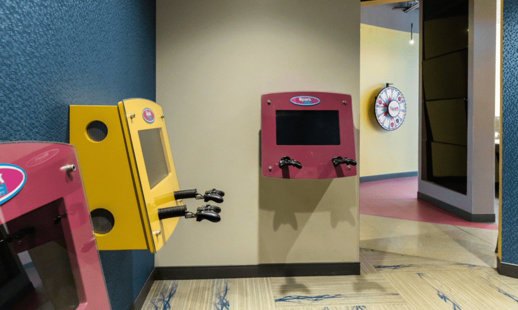 Arcade-style game wall decorations for kids at the Spark Orthodontics Bethlehem, PA office