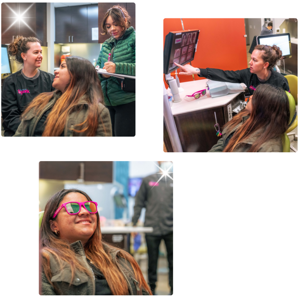 Photo collage of a Spark Orthodontics patient smiling and trying on colored braces bands with a team member
