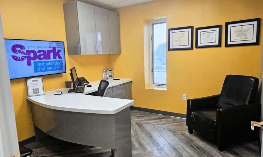 Reception desk and waiting area at the Spark Orthodontics York, PA office