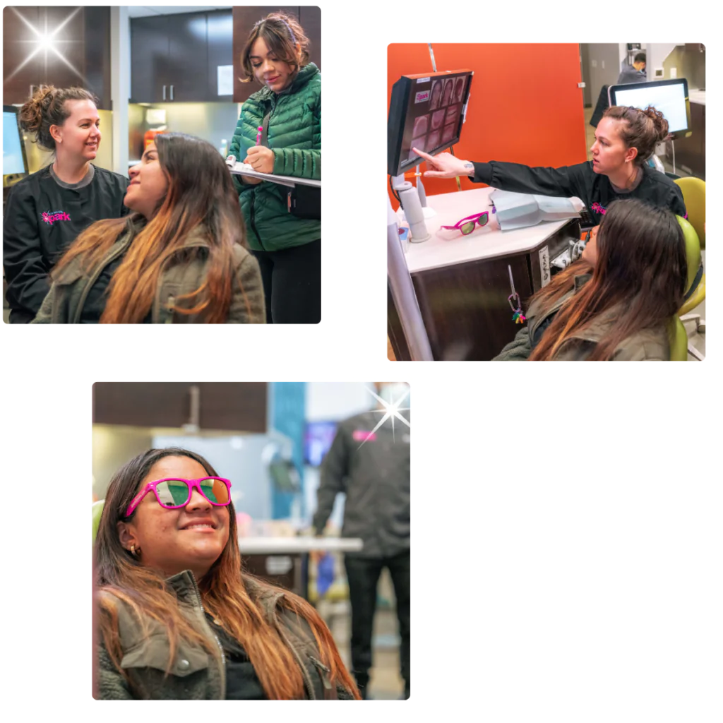 Photo collage of a Spark Orthodontics patient smiling and trying on colored braces bands with a team member